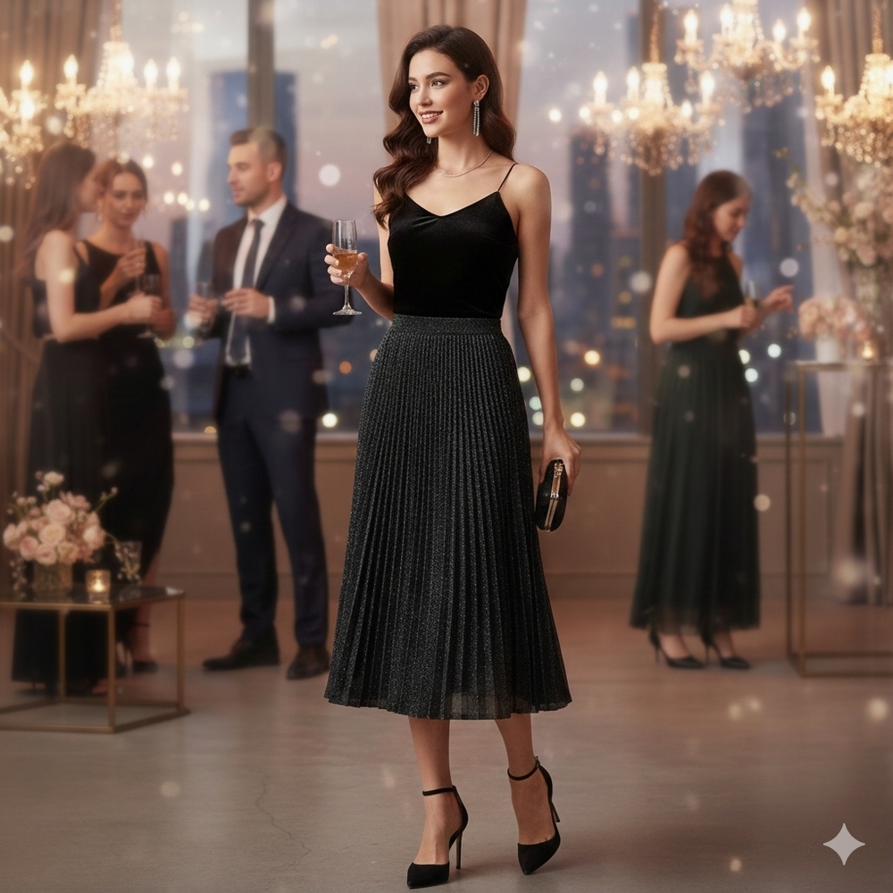 Soft Surroundings Midi Skirt XS Metallic Black Pleats Flowy Whimsigoth Night Out